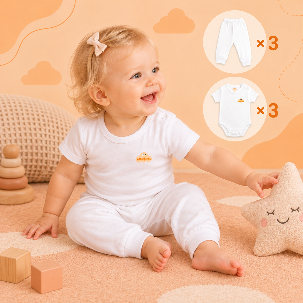 White Cotton Baby Short Sleeve Bodysuits & Pants – Bundle (6 Pieces)