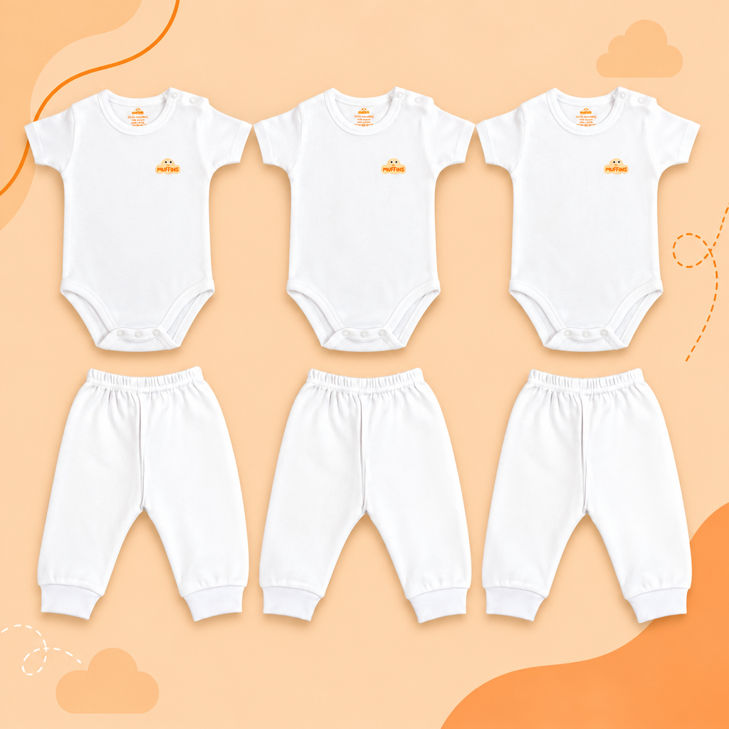 White Cotton Baby Short Sleeve Bodysuits & Pants – Bundle (6 Pieces)
