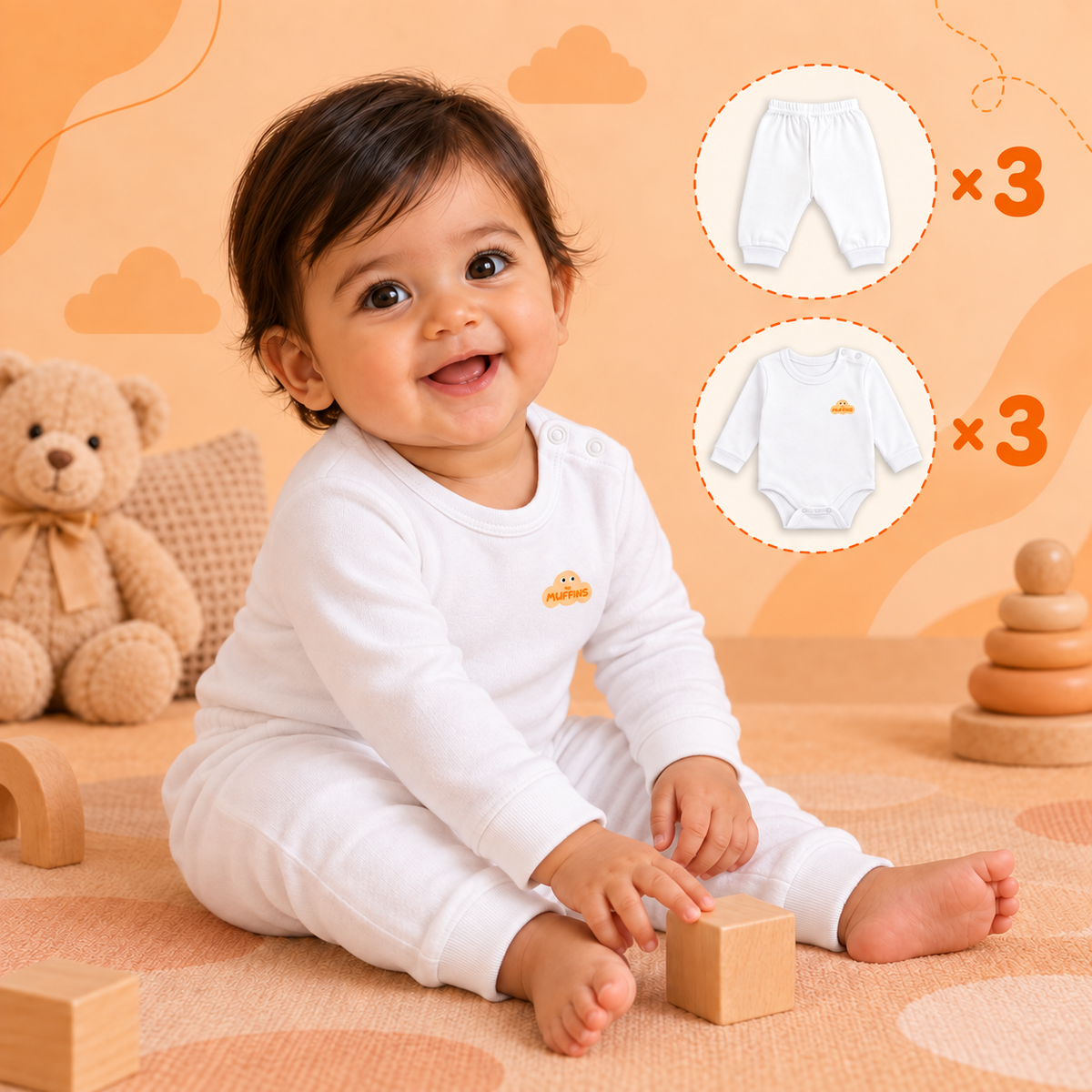 White Cotton Baby Long Sleeve Bodysuits & Pants – Bundle (6 Pieces)