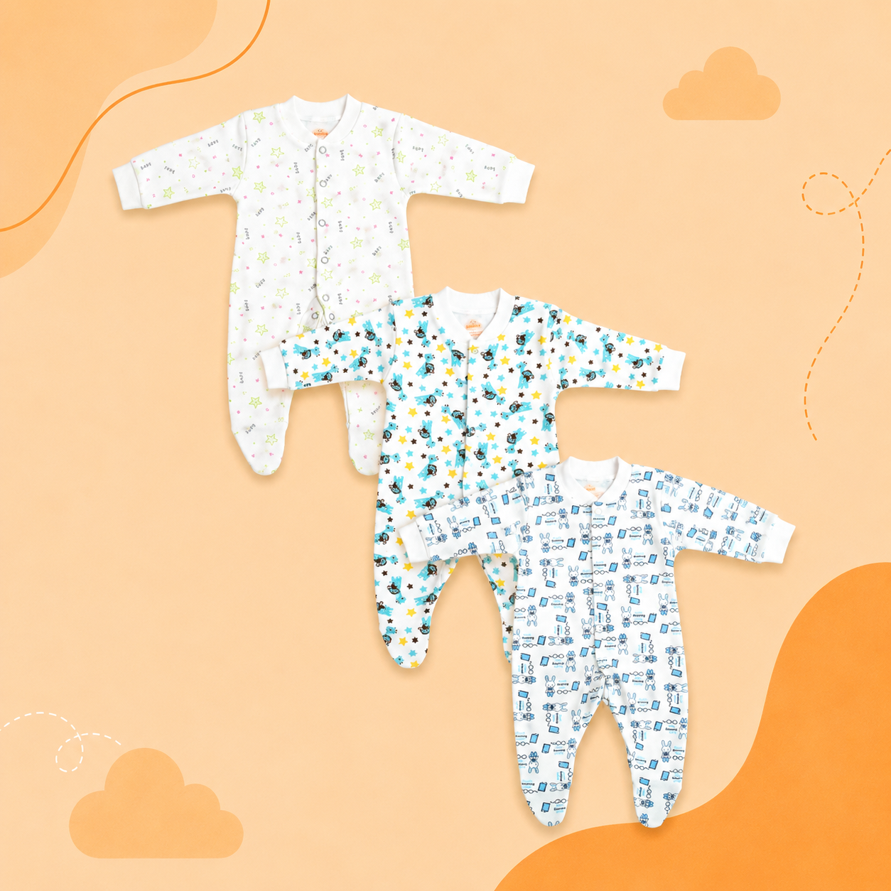 Printed Cotton Baby Footie - 3 Pack Bundle