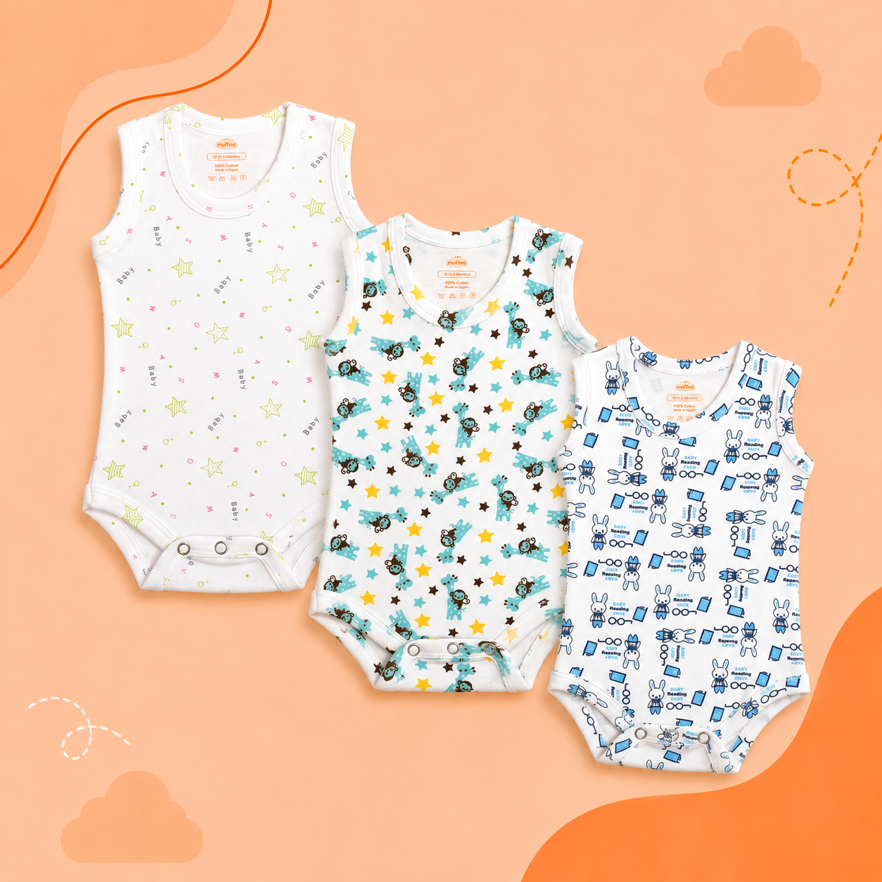 Printed Cotton Baby Sleeveless Bodysuit - 3 Pack Bundle