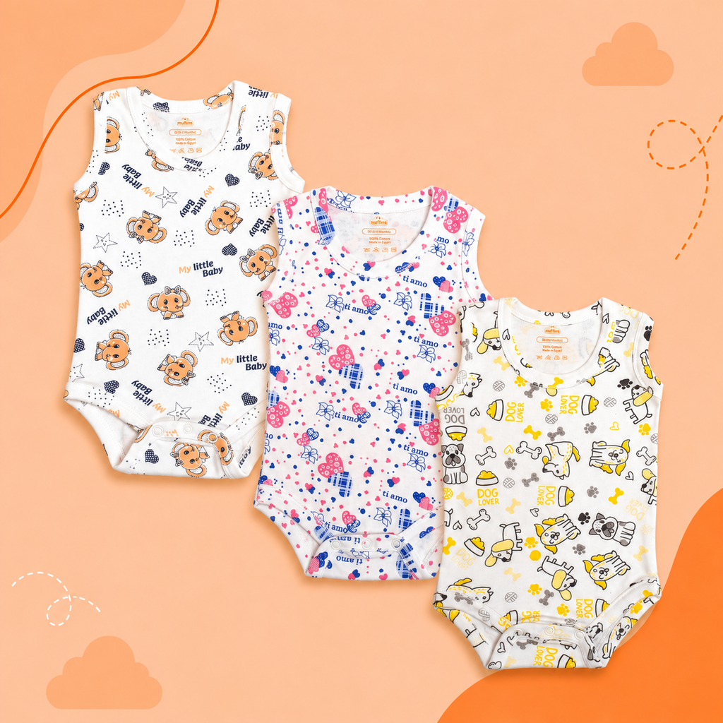 Printed Cotton Baby Sleeveless Bodysuit - 3 Pack Bundle