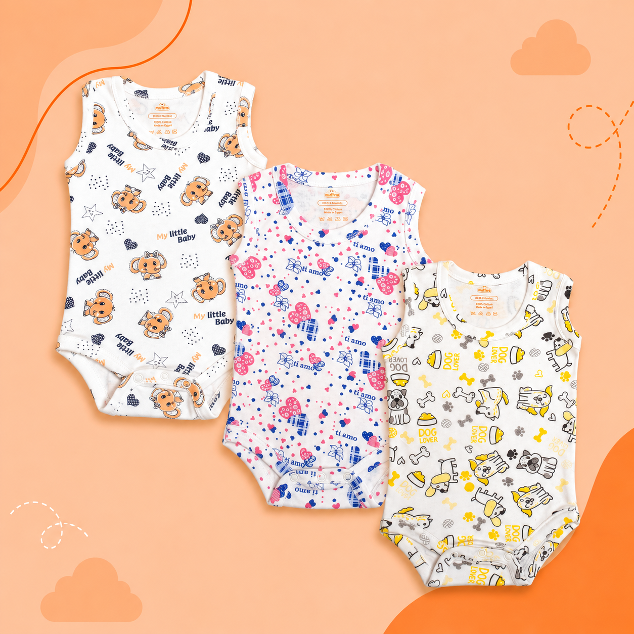 Printed Cotton Baby Sleeveless Bodysuit - 3 Pack Bundle