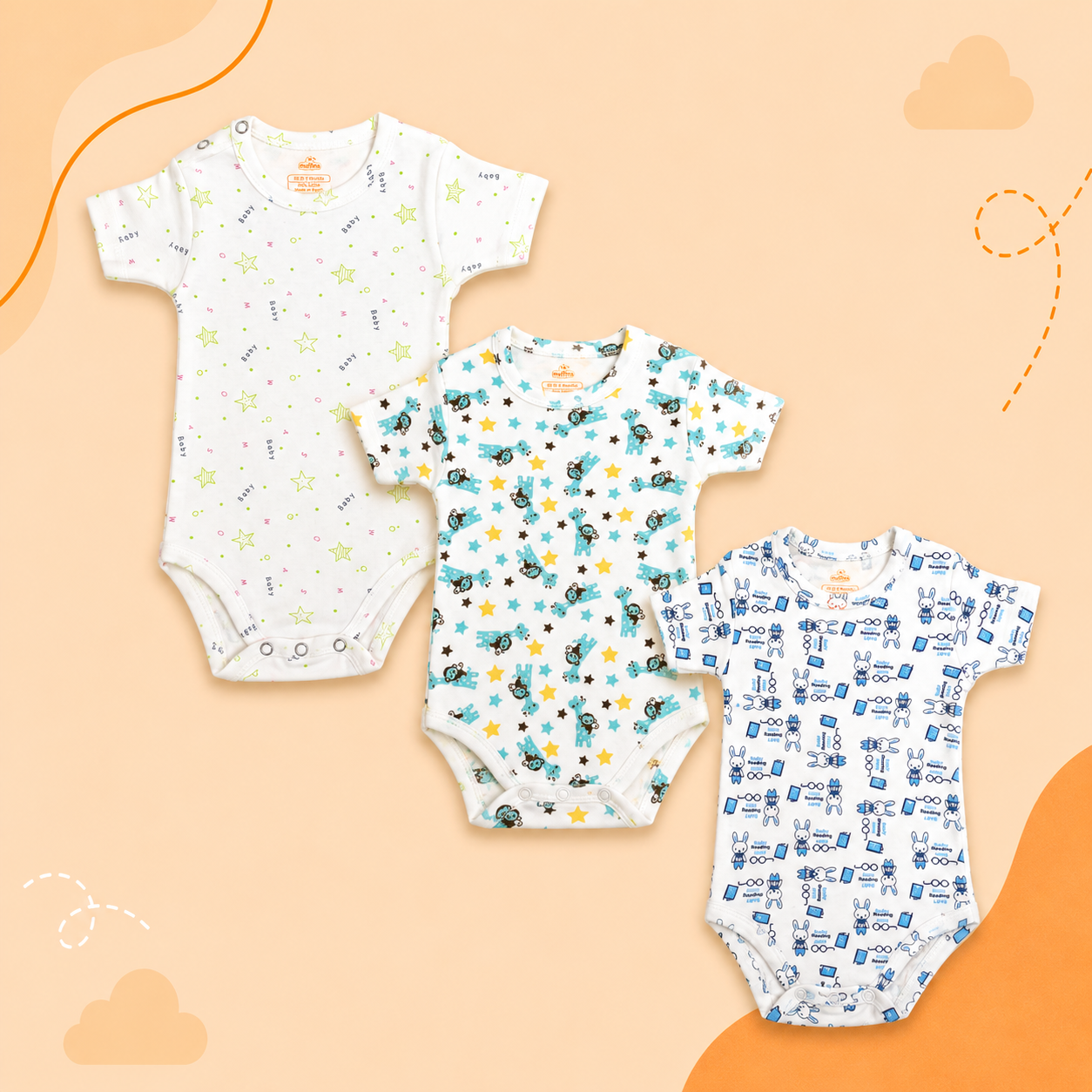 Printed Cotton Baby Short Sleeve Bodysuit - 3 Pack Bundle