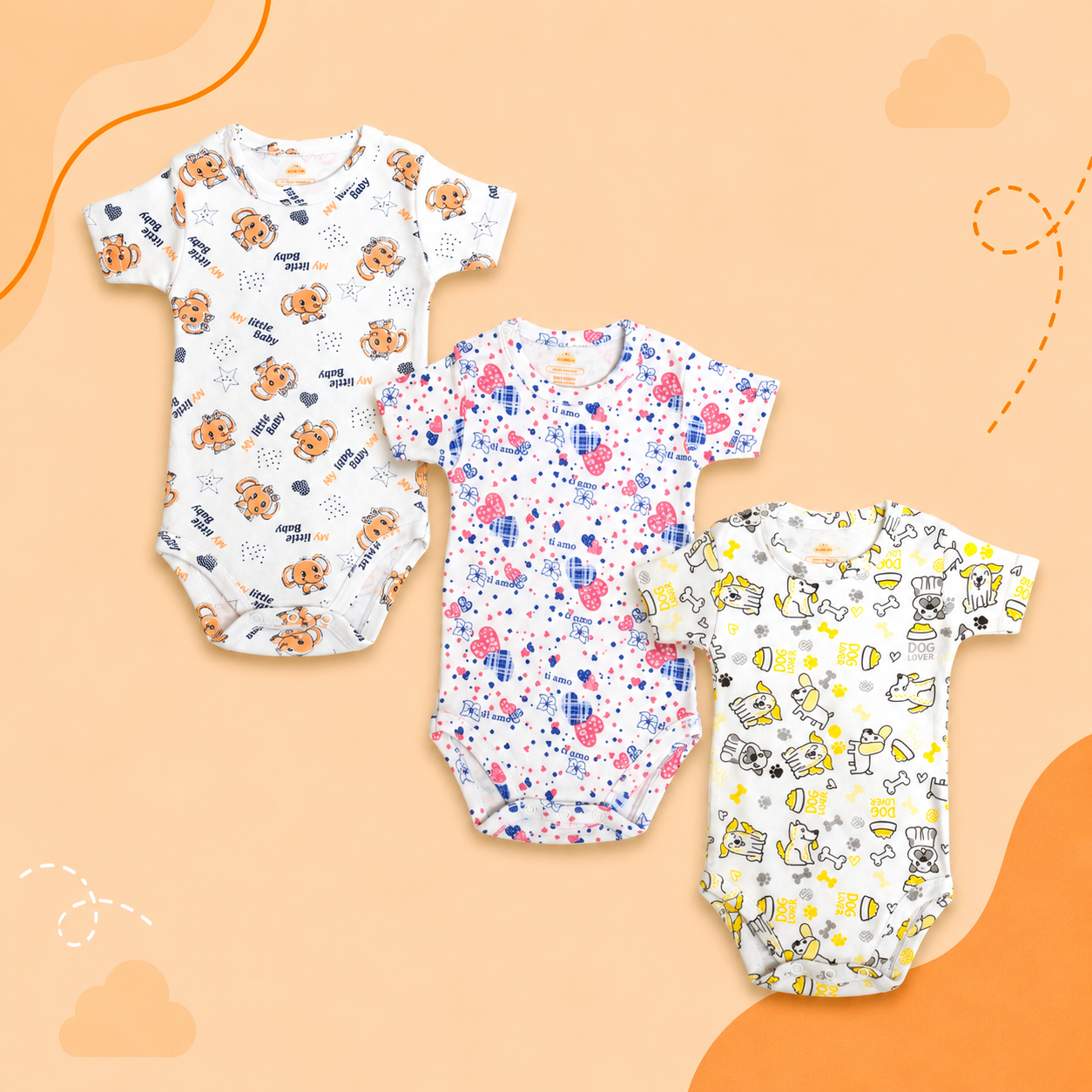 Printed Cotton Baby Short Sleeve Bodysuit - 3 Pack Bundle