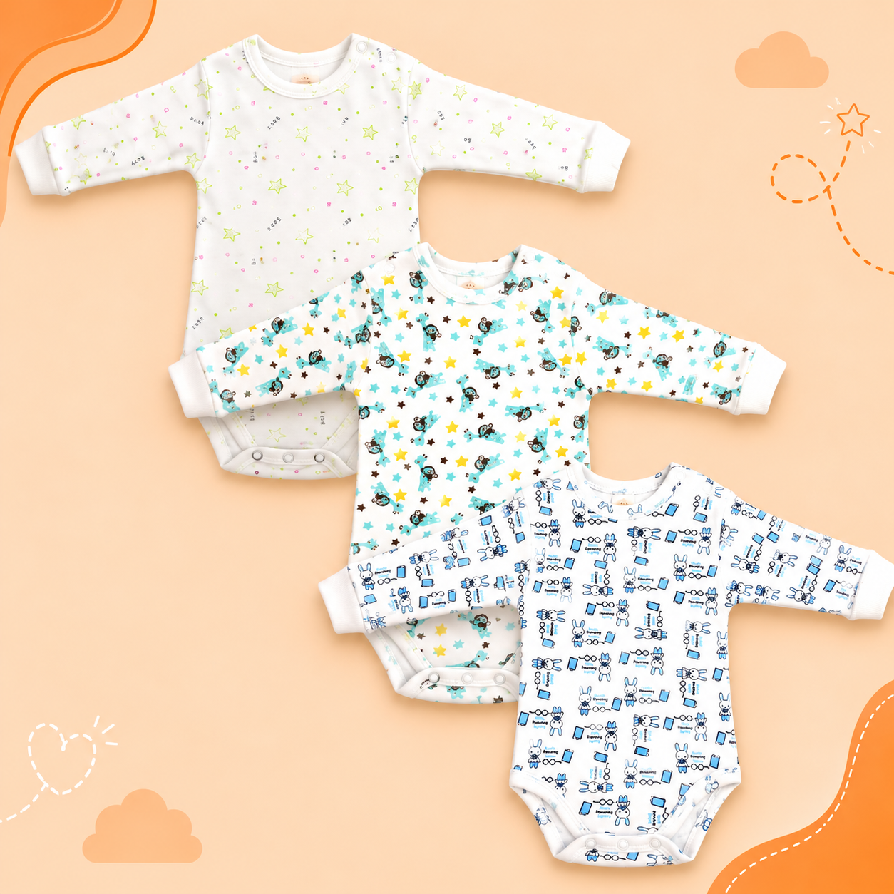 Printed Cotton Baby Long Sleeve Bodysuit - 3 Pack Bundle