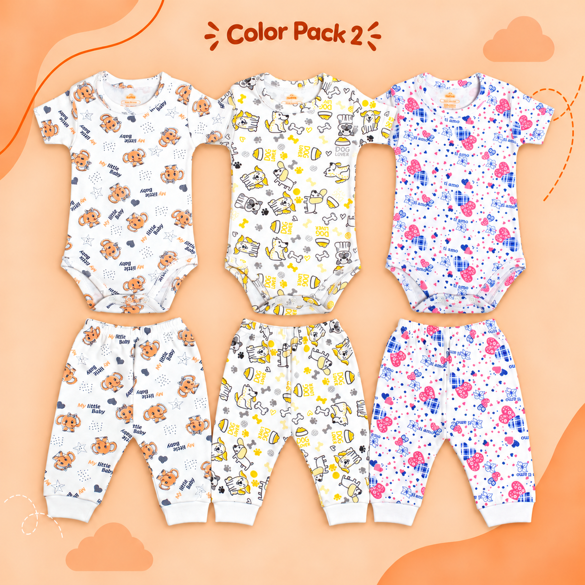 Printed Cotton Baby Short Sleeve Bodysuits & Pants – Bundle (6 Pieces)
