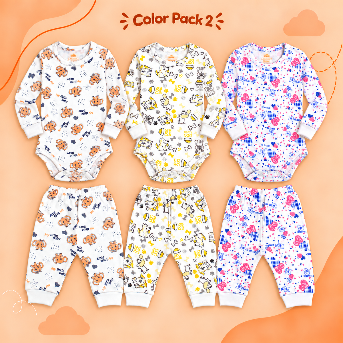 Printed Cotton Baby Long Sleeve Bodysuits & Pants – Bundle (6 Pieces)