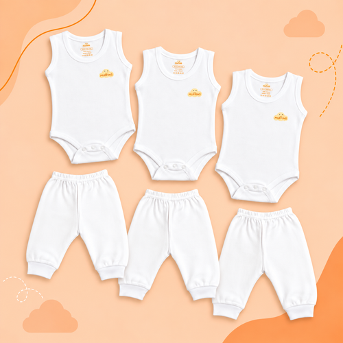 White Cotton Baby Sleeveless Bodysuits & Pants – Bundle (6 Pieces)