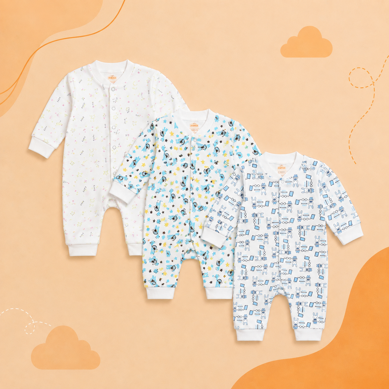 Printed Cotton Baby Jumpsuit - 3 Pack Bundle
