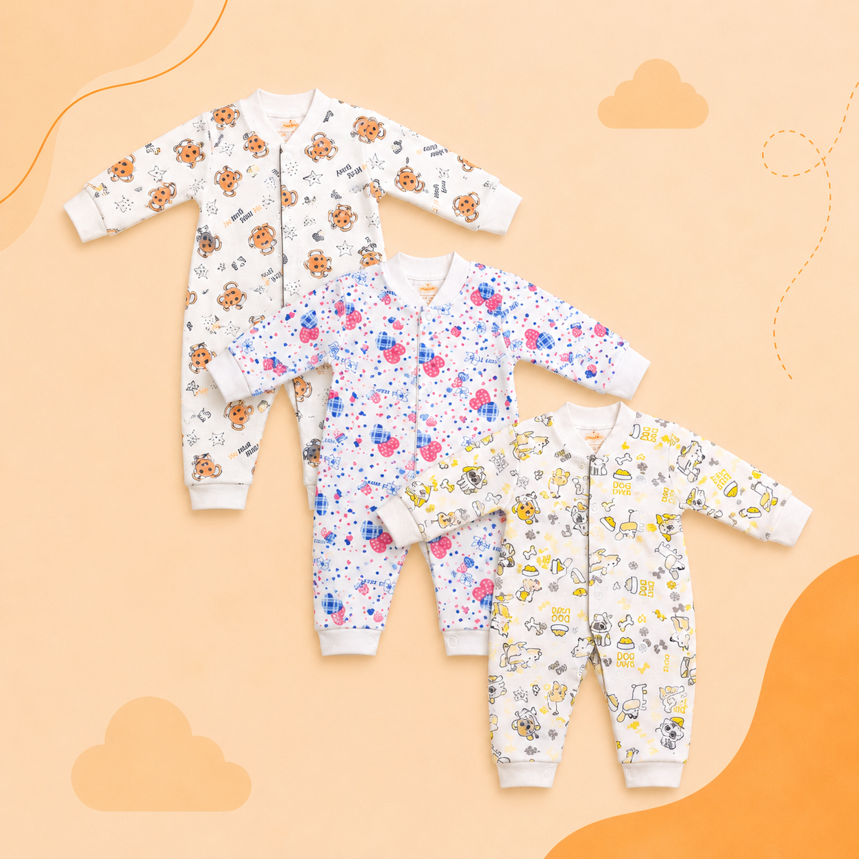 Printed Cotton Baby Jumpsuit - 3 Pack Bundle
