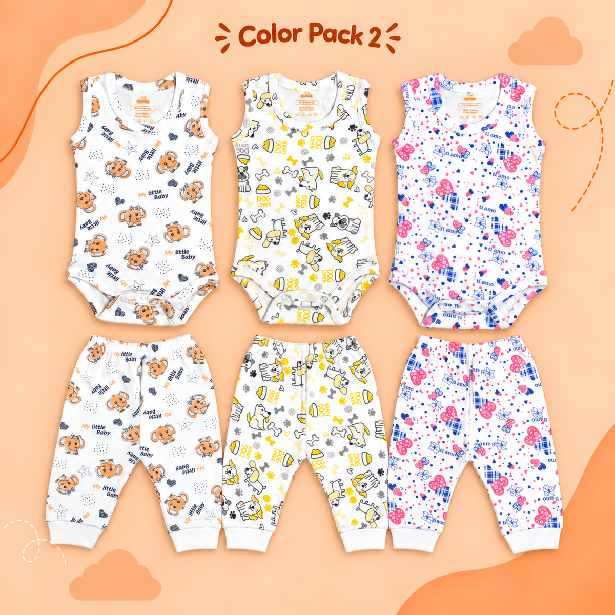 Printed Cotton Baby Sleeveless Bodysuits & Pants – Bundle (6 Pieces)