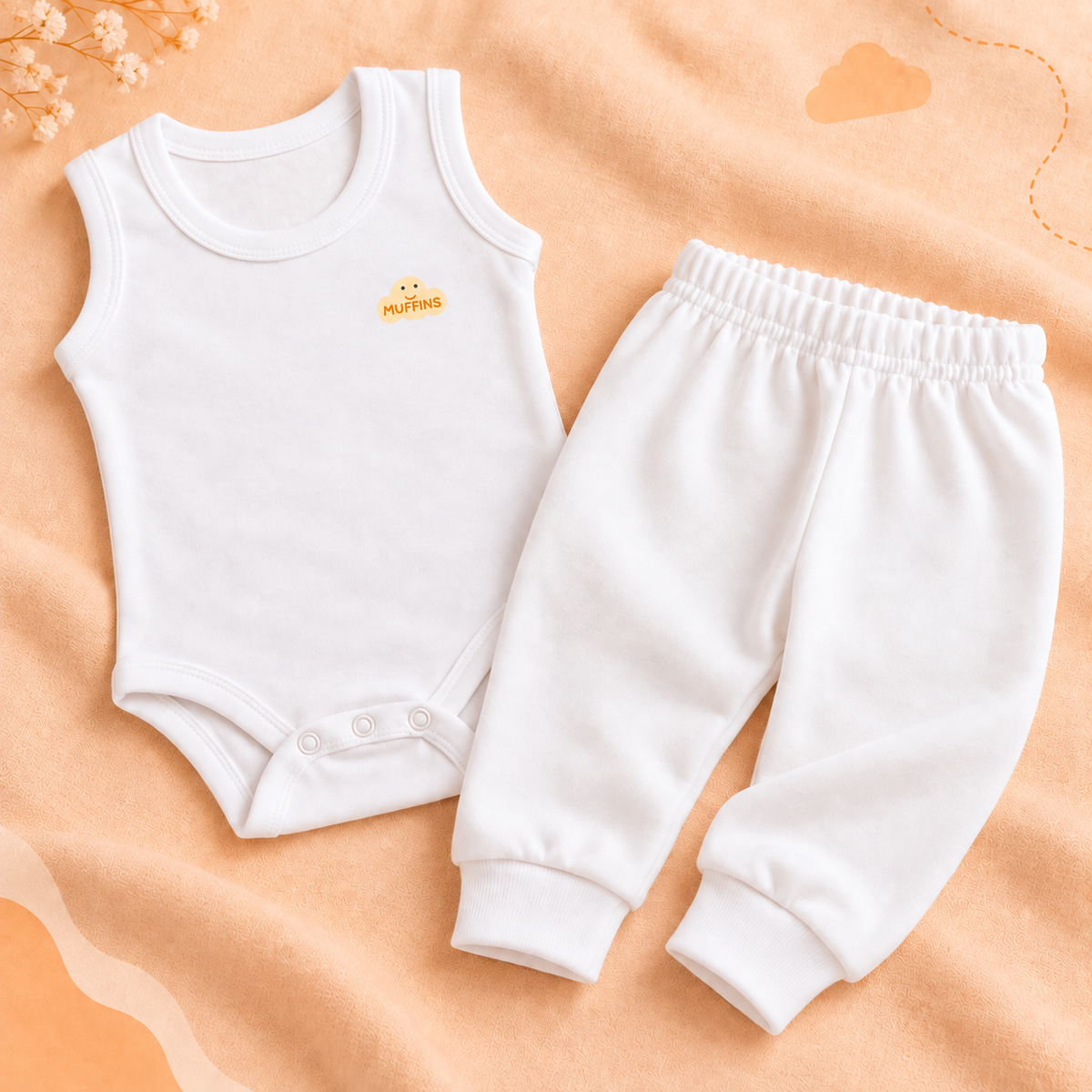 White Cotton Baby Sleeveless Bodysuits & Pants – Bundle (6 Pieces)