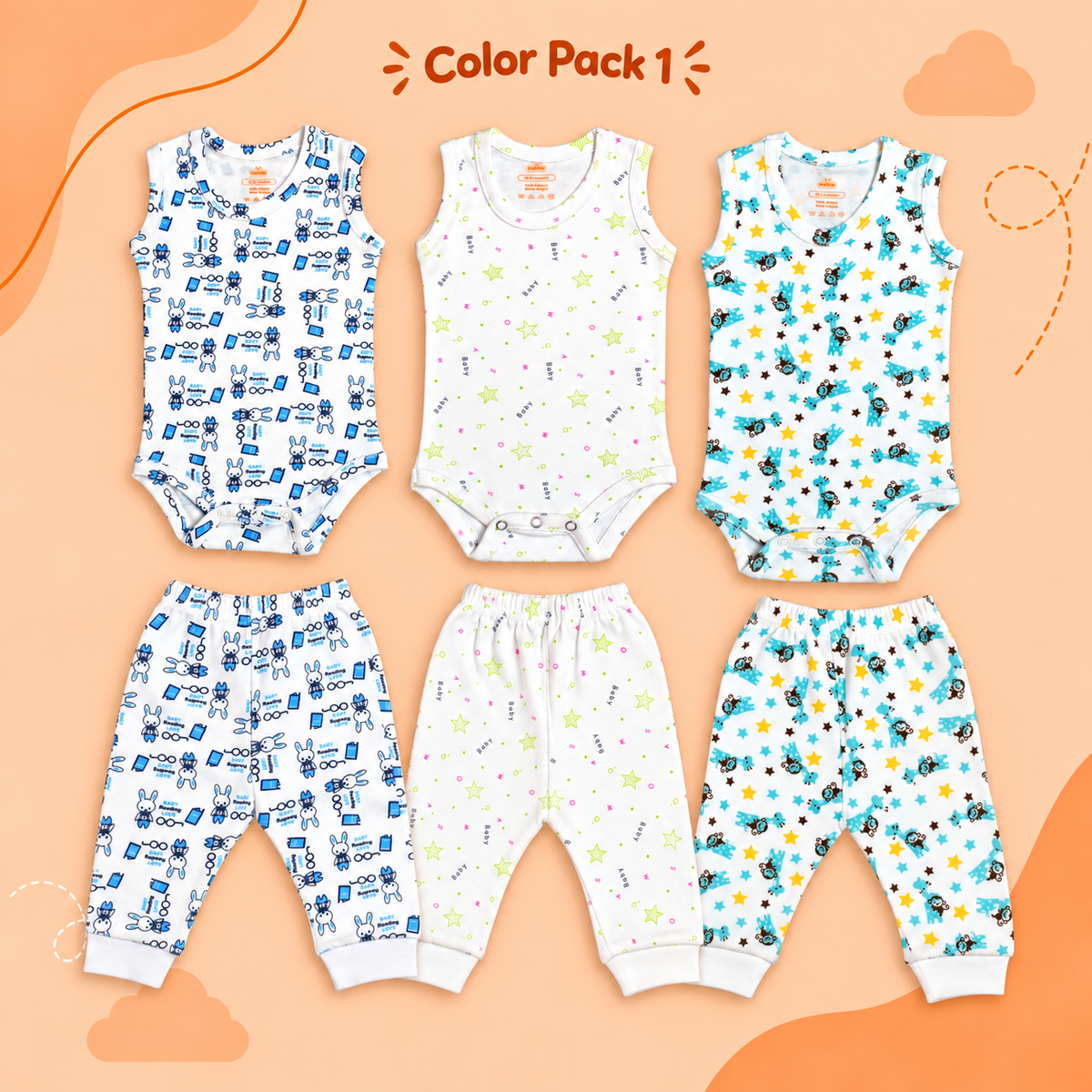 Printed Cotton Baby Sleeveless Bodysuits & Pants – Bundle (6 Pieces)