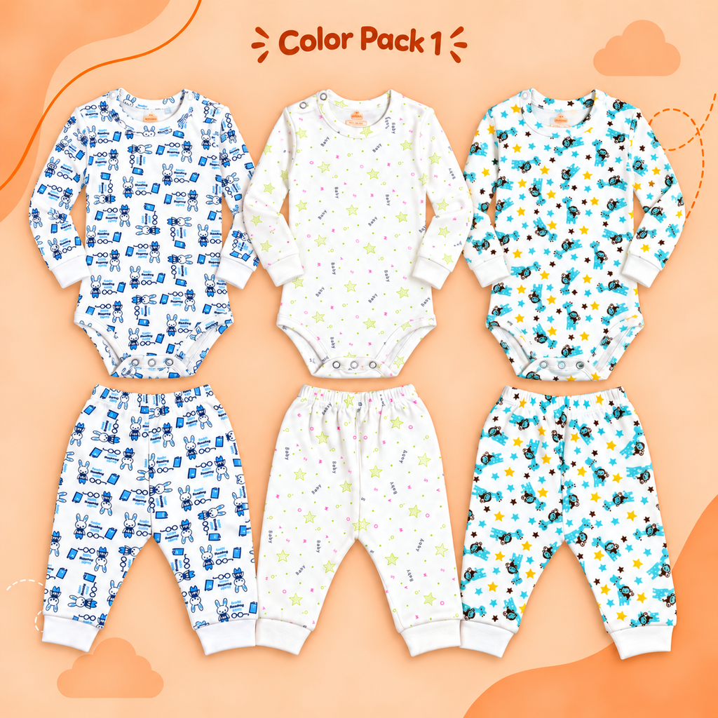 Printed Cotton Baby Long Sleeve Bodysuits & Pants – Bundle (6 Pieces)