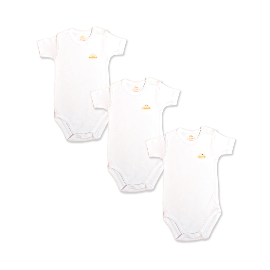 White Cotton Baby Short Sleeve Bodysuit – Bundle (3 Pieces)