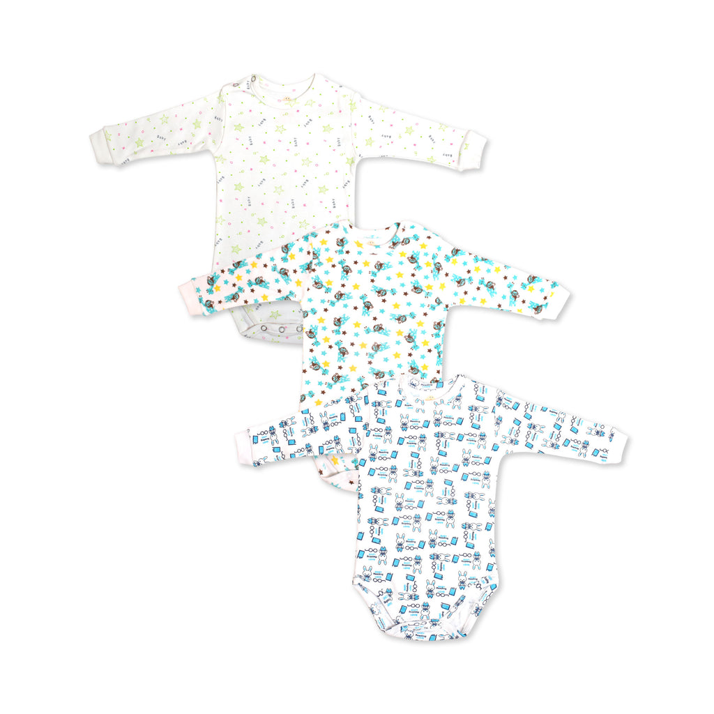 Printed Cotton Baby Long Sleeve Bodysuit - 3 Pack Bundle