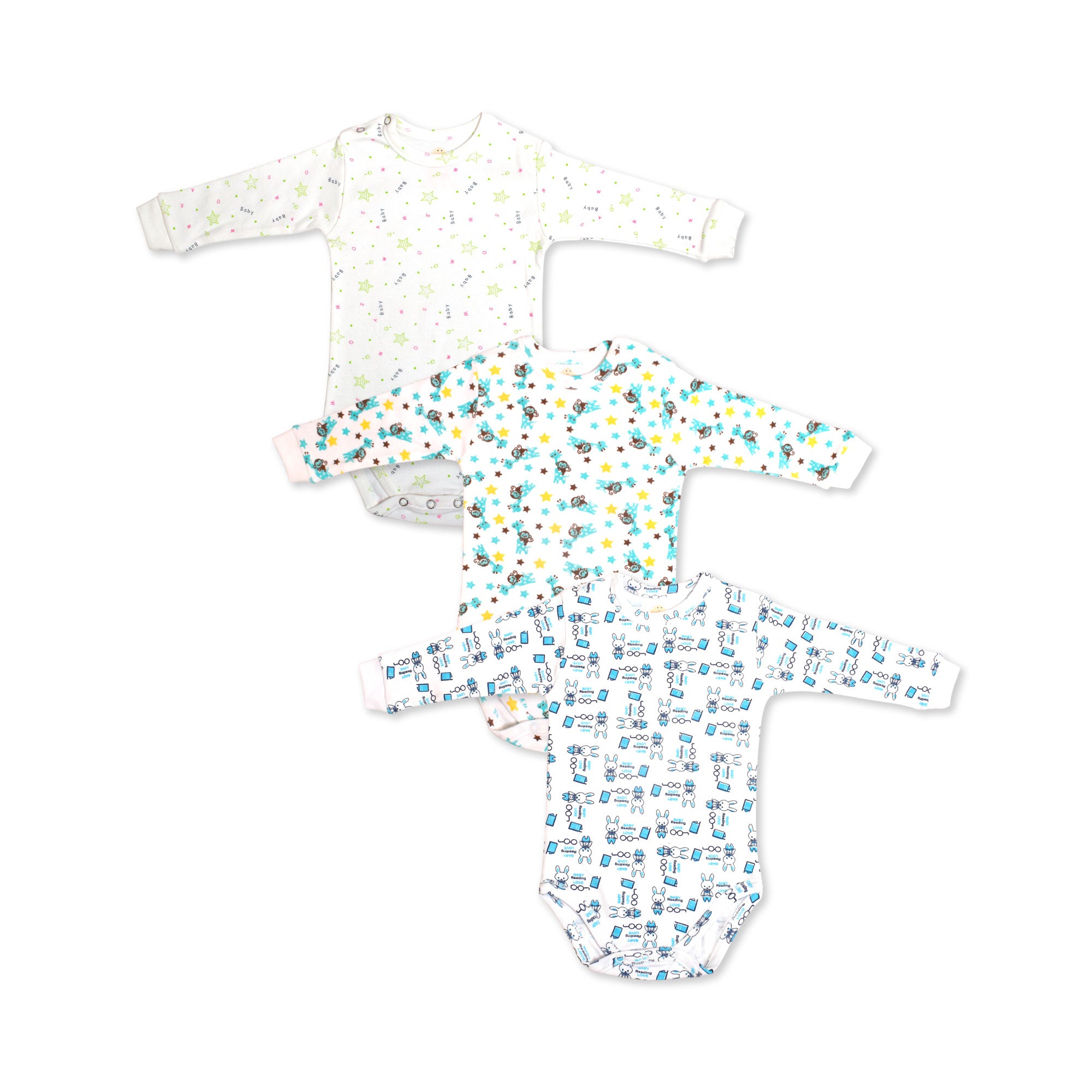 Printed Cotton Baby Long Sleeve Bodysuit - 3 Pack Bundle