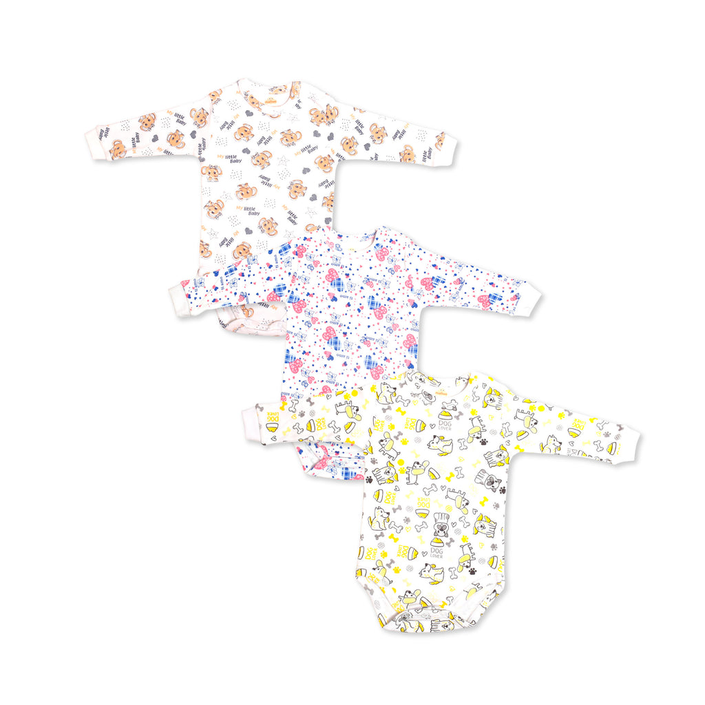 Printed Cotton Baby Long Sleeve Bodysuit - 3 Pack Bundle