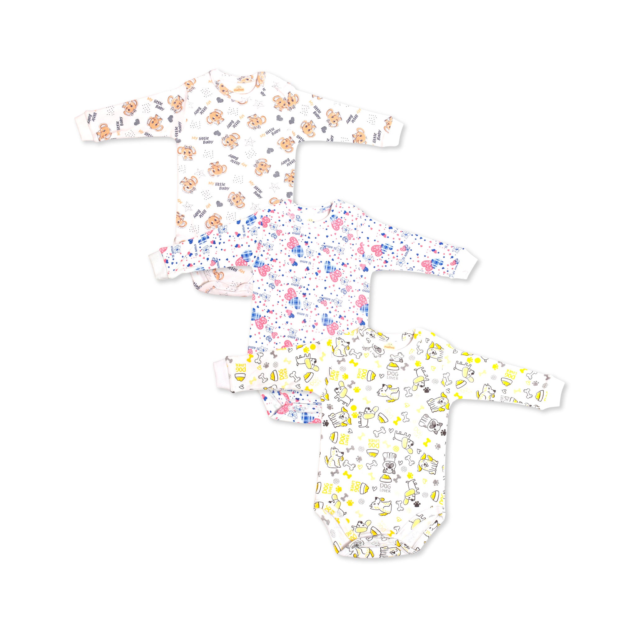 Printed Cotton Baby Long Sleeve Bodysuit - 3 Pack Bundle
