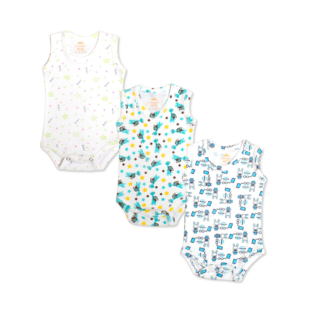 Printed Cotton Baby Sleeveless Bodysuit - 3 Pack Bundle
