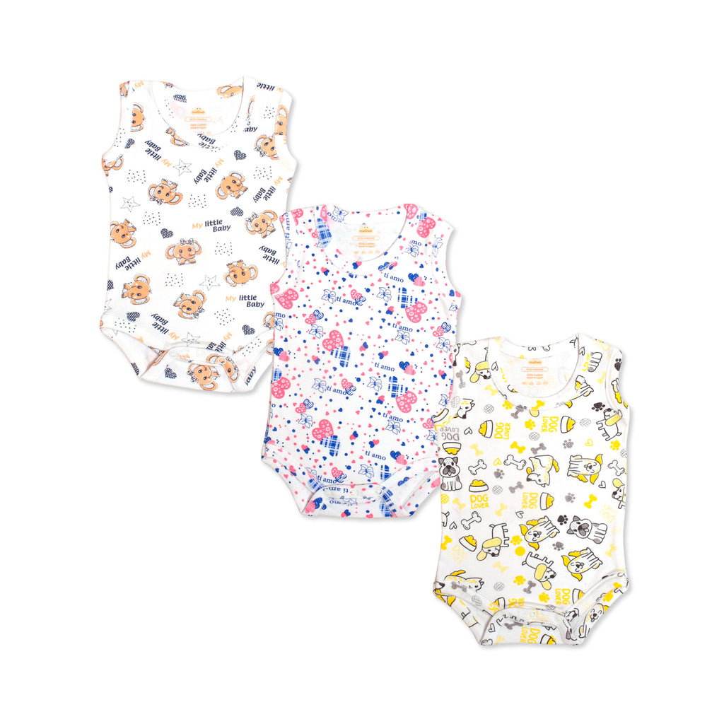Printed Cotton Baby Sleeveless Bodysuit - 3 Pack Bundle
