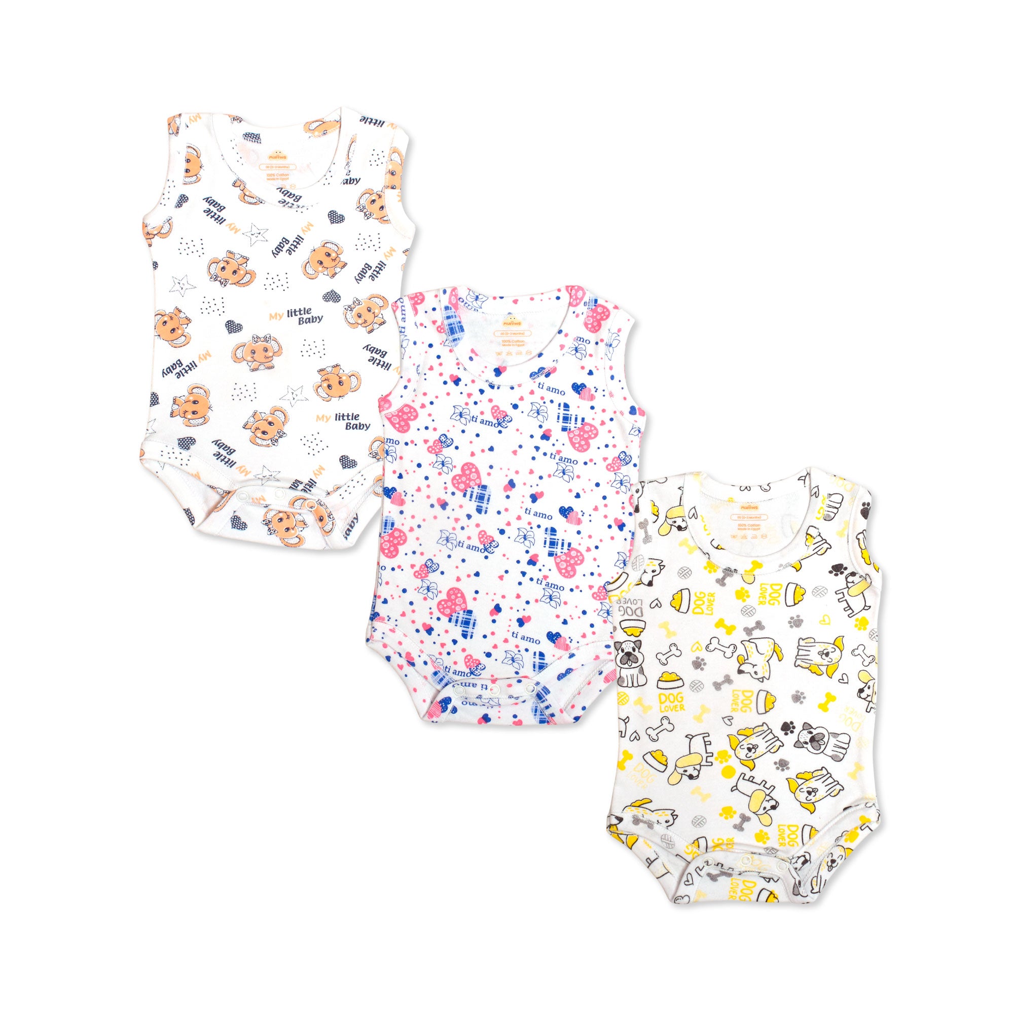 Printed Cotton Baby Sleeveless Bodysuit - 3 Pack Bundle