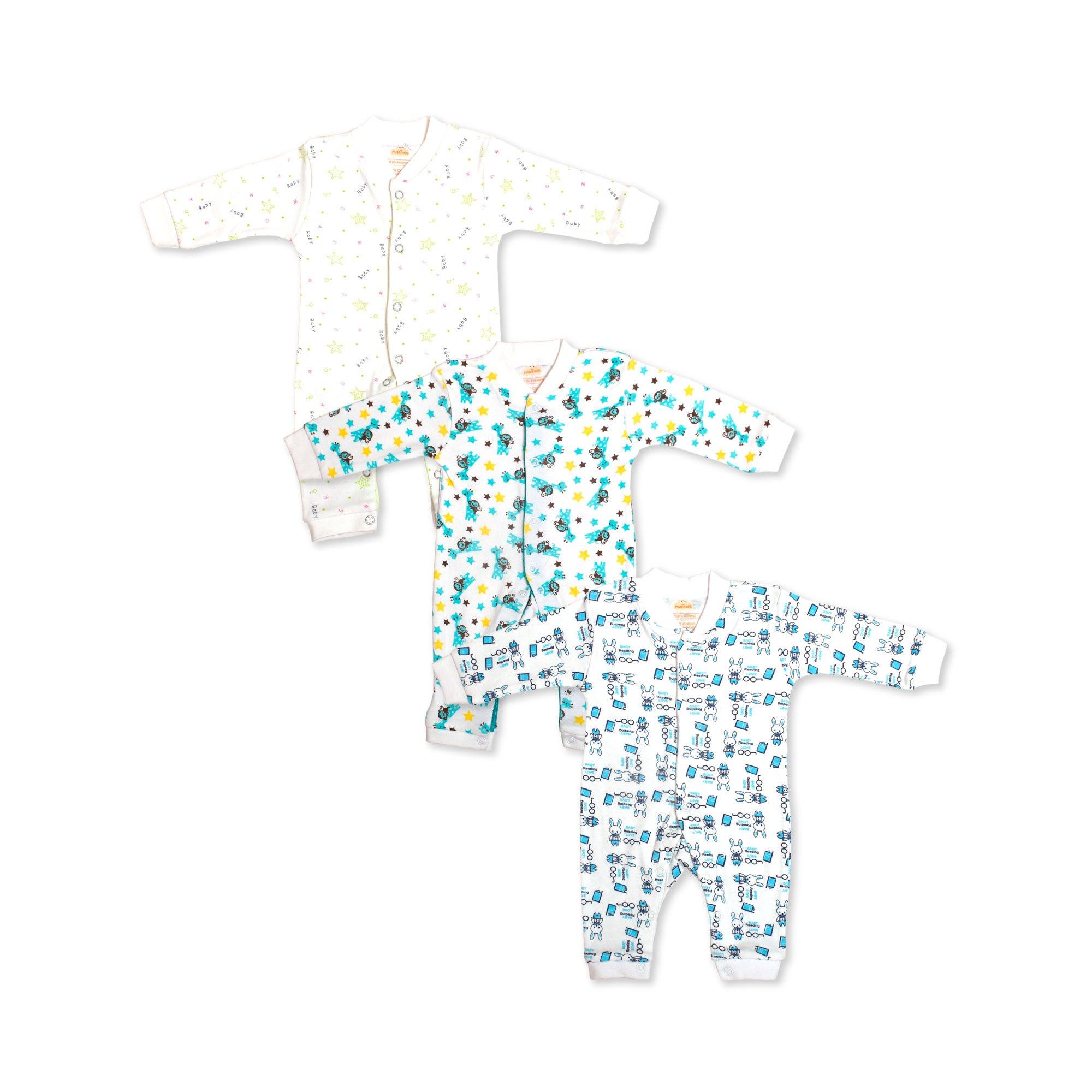 Printed Cotton Baby Jumpsuit - 3 Pack Bundle