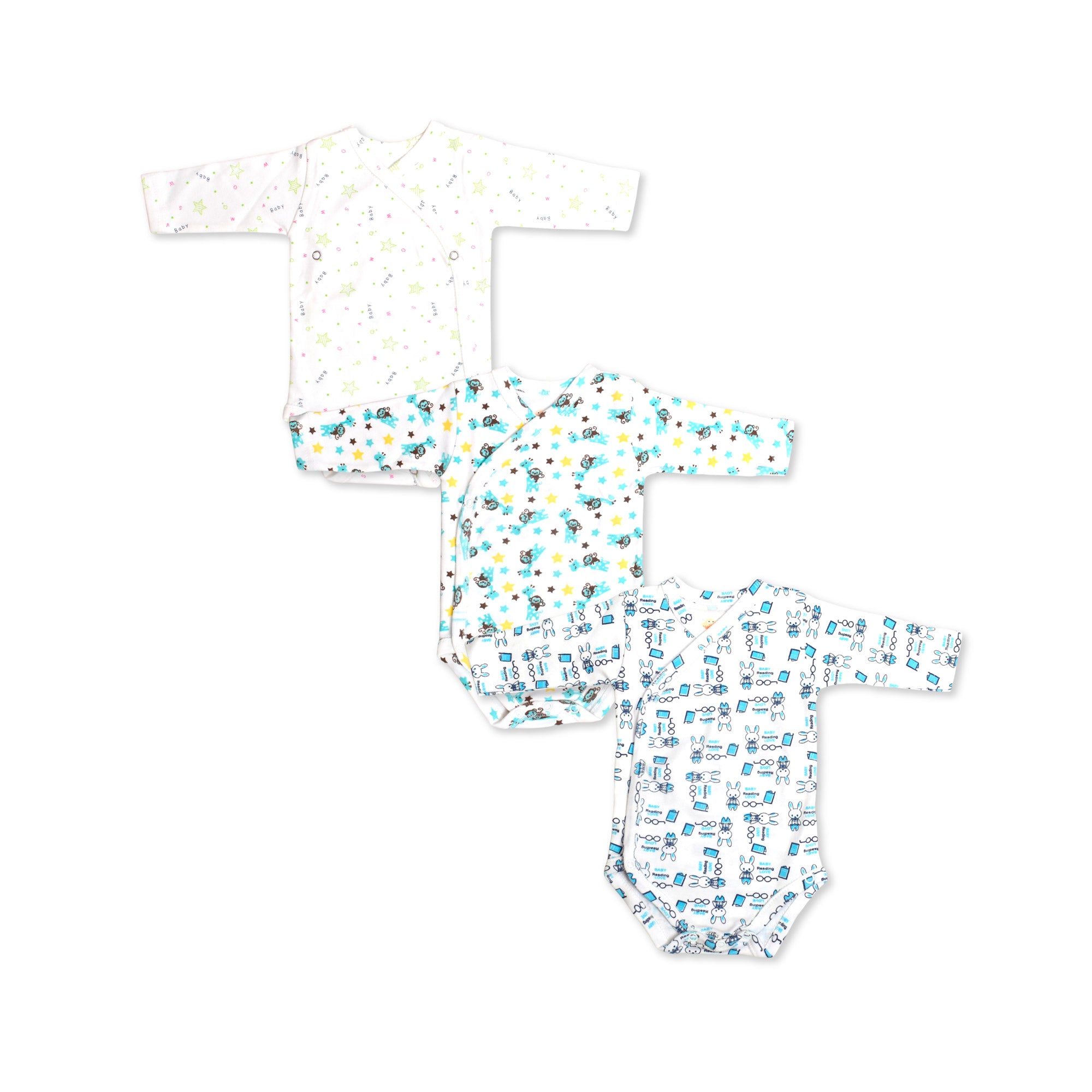 Printed Cotton Newborn Long Sleeve Sidesnap - 3 Pack Bundle
