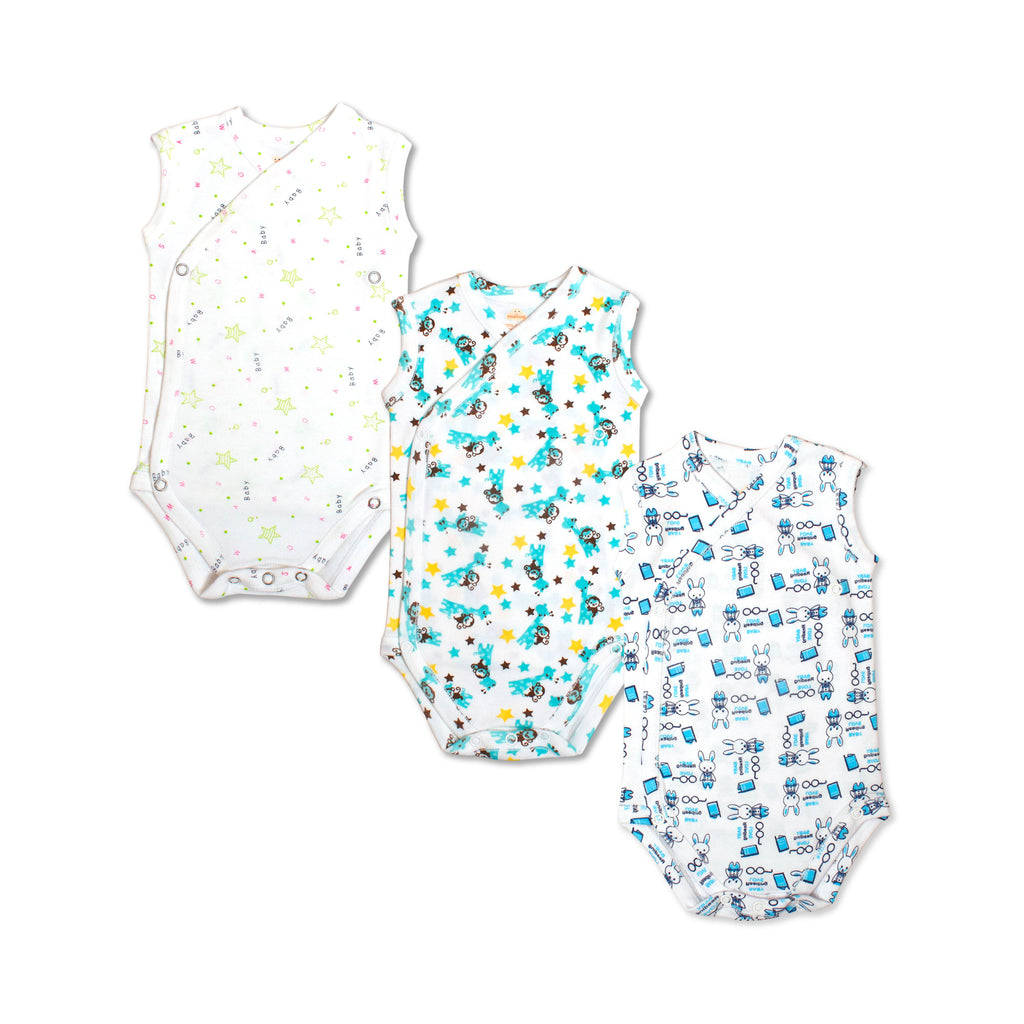 Printed Cotton Newborn Sleeveless Sidesnap - 3 Pack Bundle