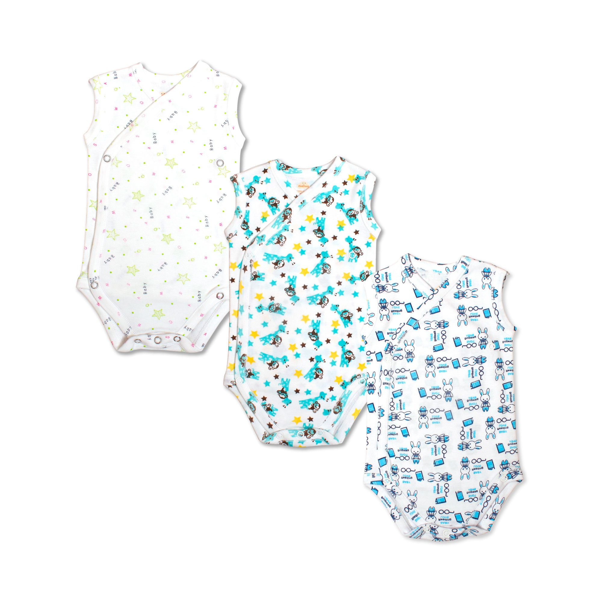 Printed Cotton Newborn Sleeveless Sidesnap - 3 Pack Bundle