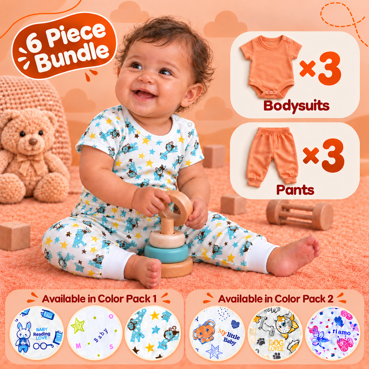 Printed Cotton Baby Short Sleeve Bodysuits & Pants – Bundle (6 Pieces)