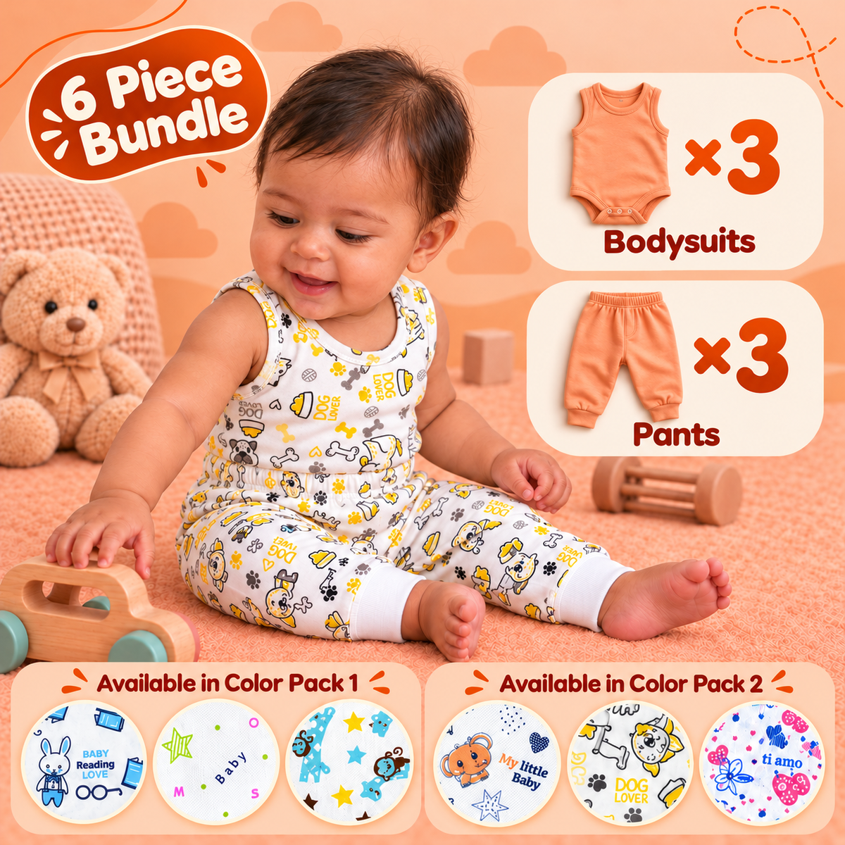 Printed Cotton Baby Sleeveless Bodysuits & Pants – Bundle (6 Pieces)